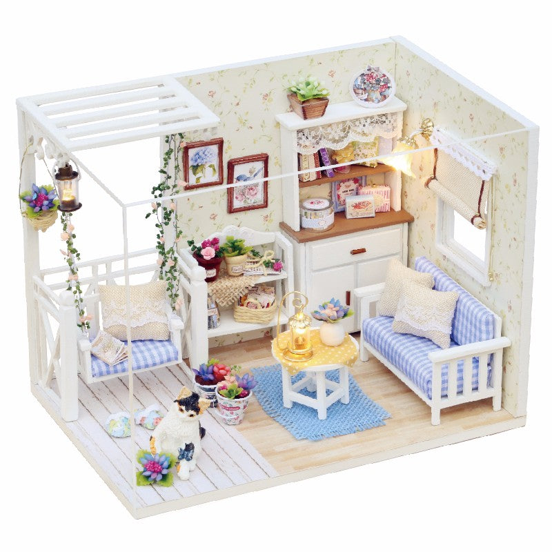 Cuteroom 1/24 Dollhouse Miniature DIY Kit With LED Light Cover Wood Toy Doll House Room Kitten Diary H-013