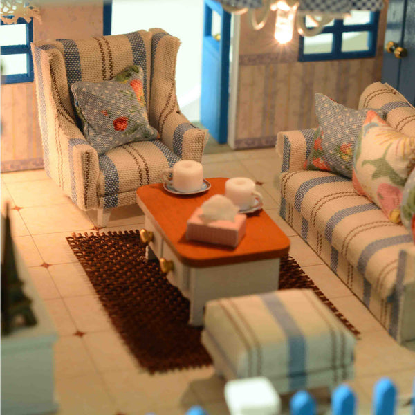 Cuteroom DIY Wooden Dollhouse Santorini Island Handmade Decorations Model with LED Light&amp;Music