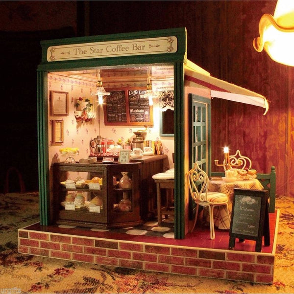Cuteroom 1:32Dollhouse DIY Kit Light Music With Cover Star Cafe Coffee Bar Cake Shop Store