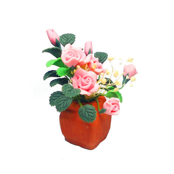 1:12 Dollhouse Miniature DIY Garden Clay Flowers Arrangement PinkRose Red Pottery Basin Plant