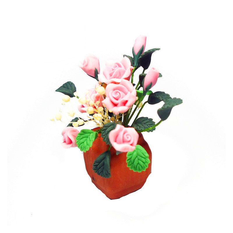 1:12 Dollhouse Miniature DIY Garden Clay Flowers Arrangement PinkRose Red Pottery Basin Plant