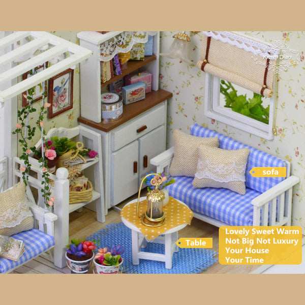 Cuteroom 1/24 Dollhouse Miniature DIY Kit With LED Light Cover Wood Toy Doll House Room Kitten Diary H-013