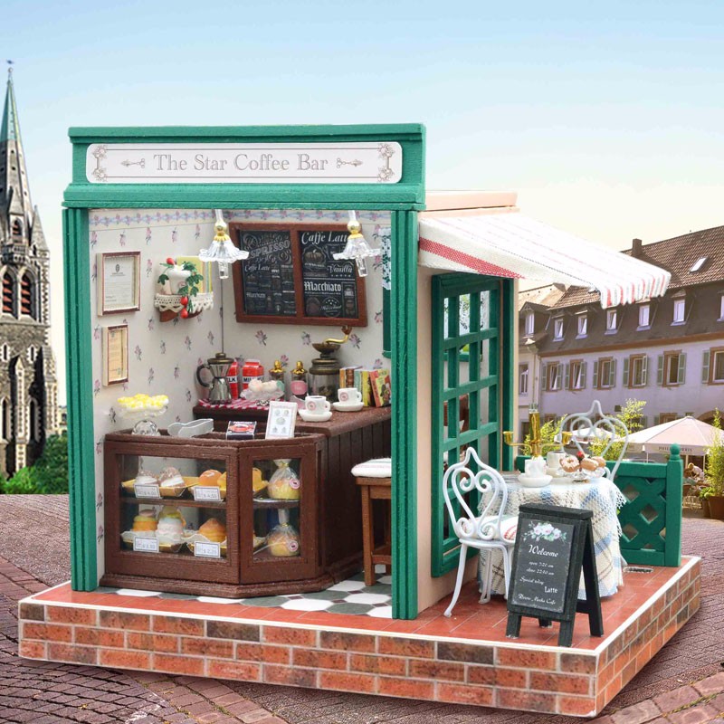 Cuteroom 1:32Dollhouse DIY Kit Light Music With Cover Star Cafe Coffee Bar Cake Shop Store