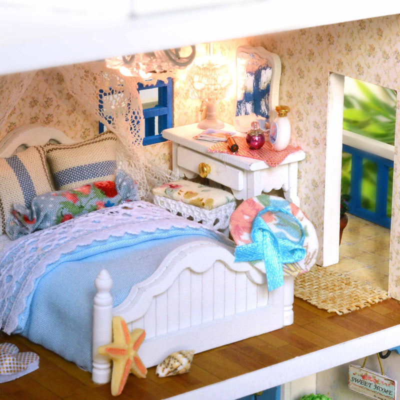 Cuteroom DIY Wooden Dollhouse Santorini Island Handmade Decorations Model with LED Light&amp;Music