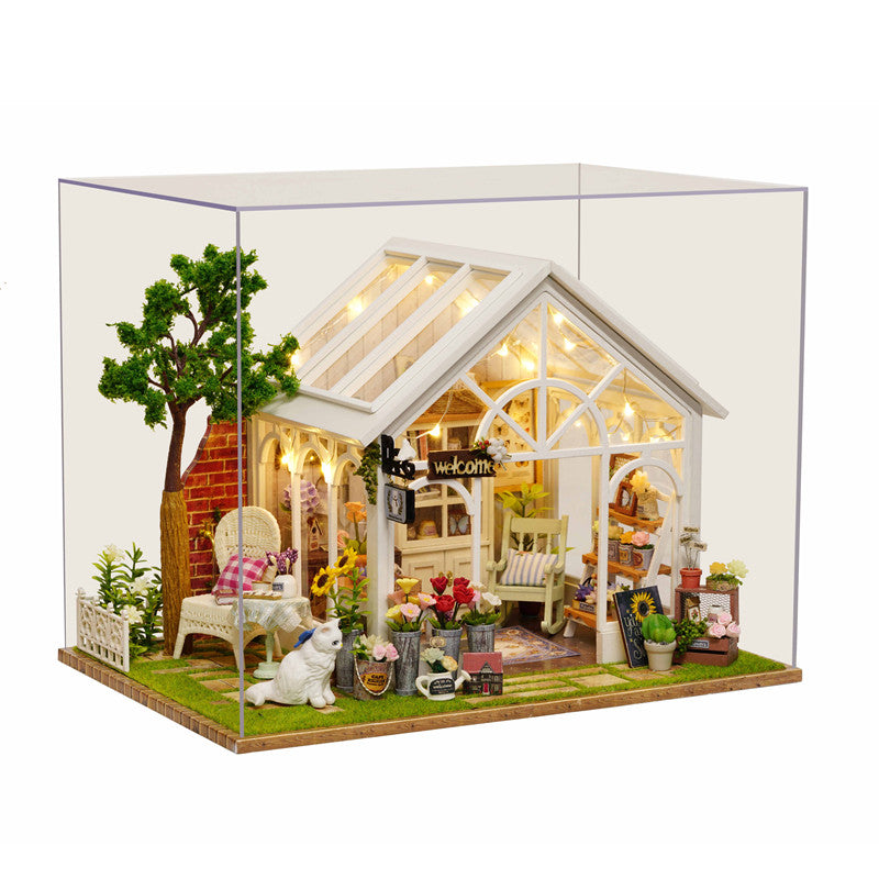 CuteRoom A-063-C Sunshine Greenhouse Flower Shop DIY Dollhouse With Music Cover Light Miniature Gift