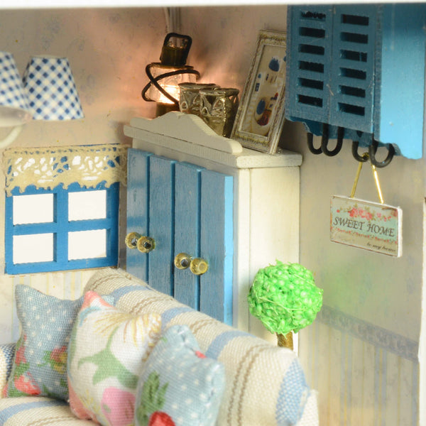 Cuteroom DIY Wooden Dollhouse Santorini Island Handmade Decorations Model with LED Light&amp;Music