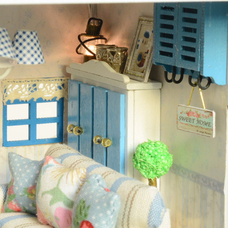 Cuteroom DIY Wooden Dollhouse Santorini Island Handmade Decorations Model with LED Light&amp;Music