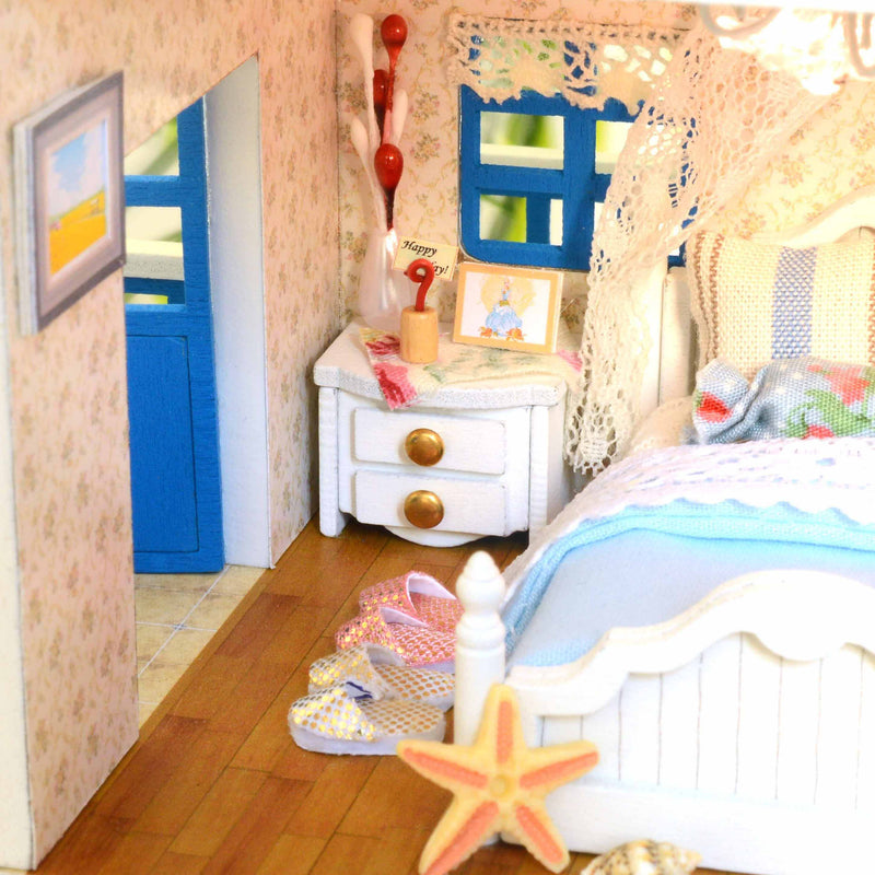 Cuteroom DIY Wooden Dollhouse Santorini Island Handmade Decorations Model with LED Light&amp;Music